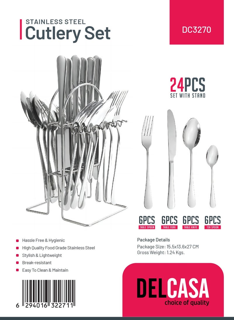 Delcasa 24Pc SS Cutlery Set with stand 6pcs table spoon 6pcs table fork 6pcs table spoon 6pcs tea spoon