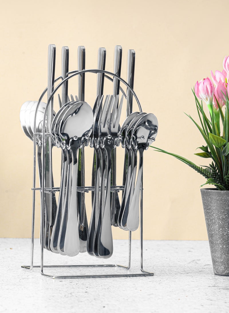 Delcasa 24Pc SS Cutlery Set with stand 6pcs table spoon 6pcs table fork 6pcs table spoon 6pcs tea spoon