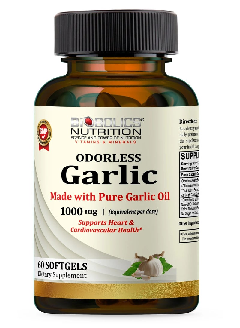 Odorless Garlic 1000 Mg Supports Heart And Cardiovascular Health - 60 Softgels