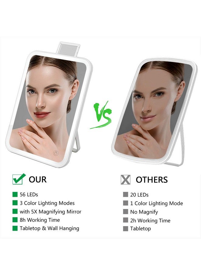 Lighted Vanity Makeup Mirror With Lights 3 Color Lighting Modes Rechargeable Touch Screen Adjustable Tabletop Wall Hanging Led Light Up Mirror With Mini 5X Hand Mirror