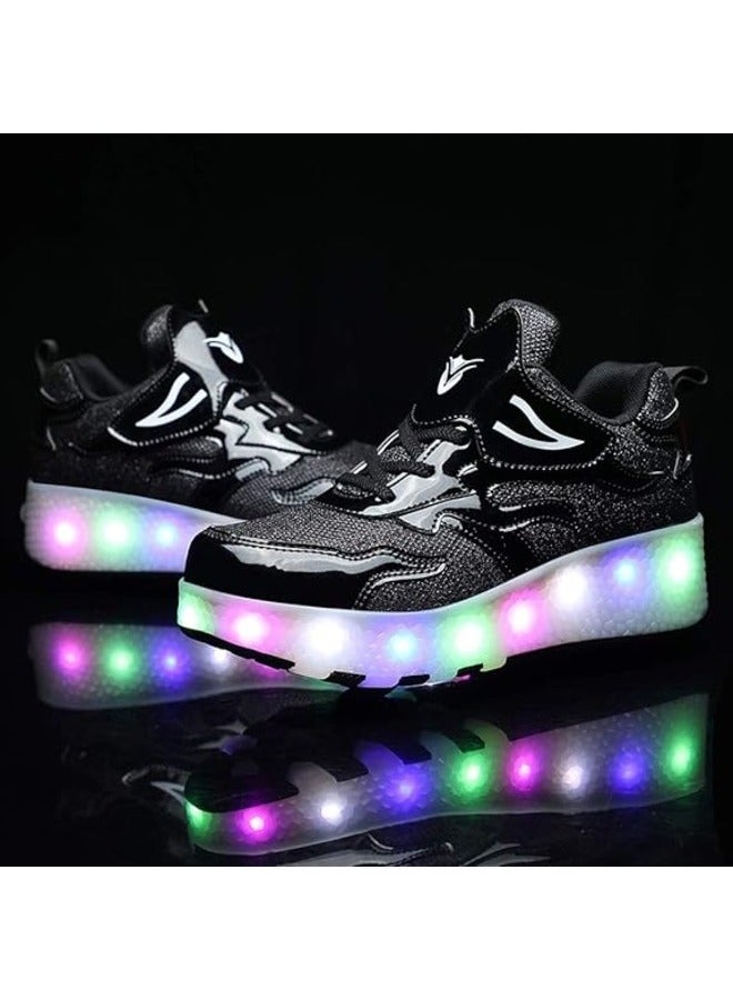 LED Flash Light Fashion Shiny Sneaker Skate Shoes With Wheels And Lightning Sole ,Black ,Size 30