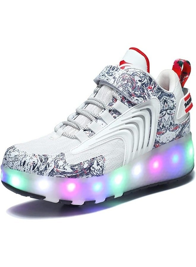 LED Flash Light Fashion Shiny Sneaker Skate Shoes With Wheels And Lightning Sole ,White ,Size 32