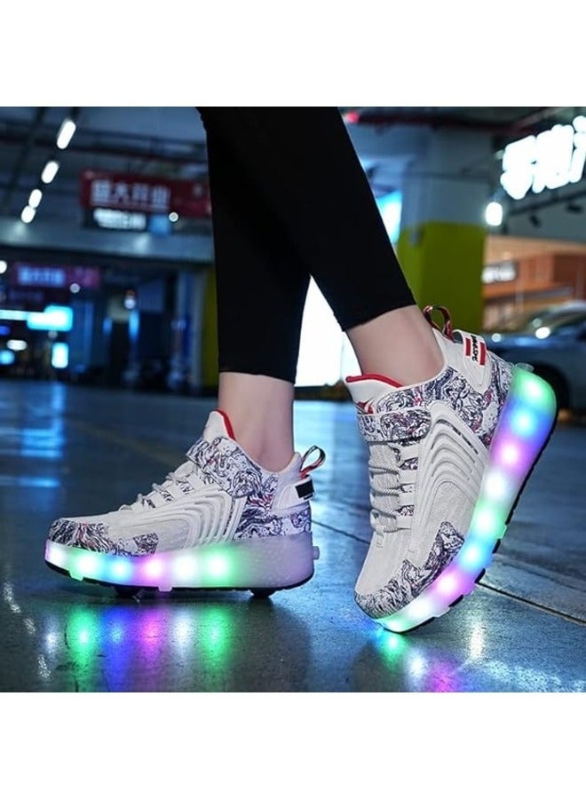 LED Flash Light Fashion Shiny Sneaker Skate Shoes With Wheels And Lightning Sole ,White ,Size 32