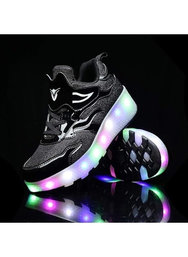 LED Flash Light Fashion Shiny Sneaker Skate Shoes With Wheels And Lightning Sole ,Black ,Size 36