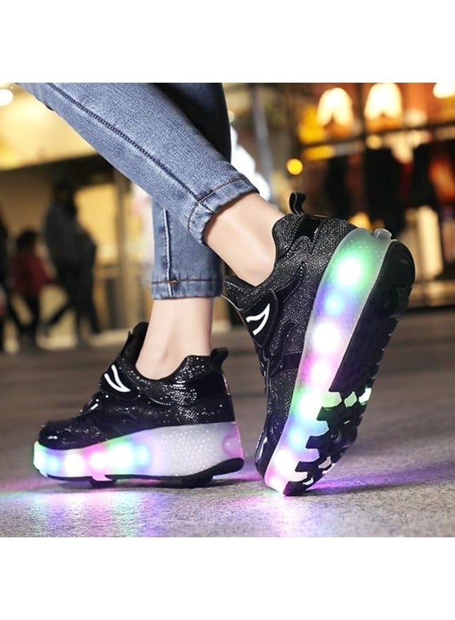 LED Flash Light Fashion Shiny Sneaker Skate Shoes With Wheels And Lightning Sole ,Black ,Size 32