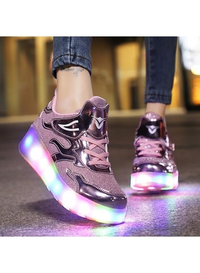 LED Flash Light Fashion Shiny Sneaker Skate Shoes With Wheels And Lightning Sole ,Pink ,Size 36
