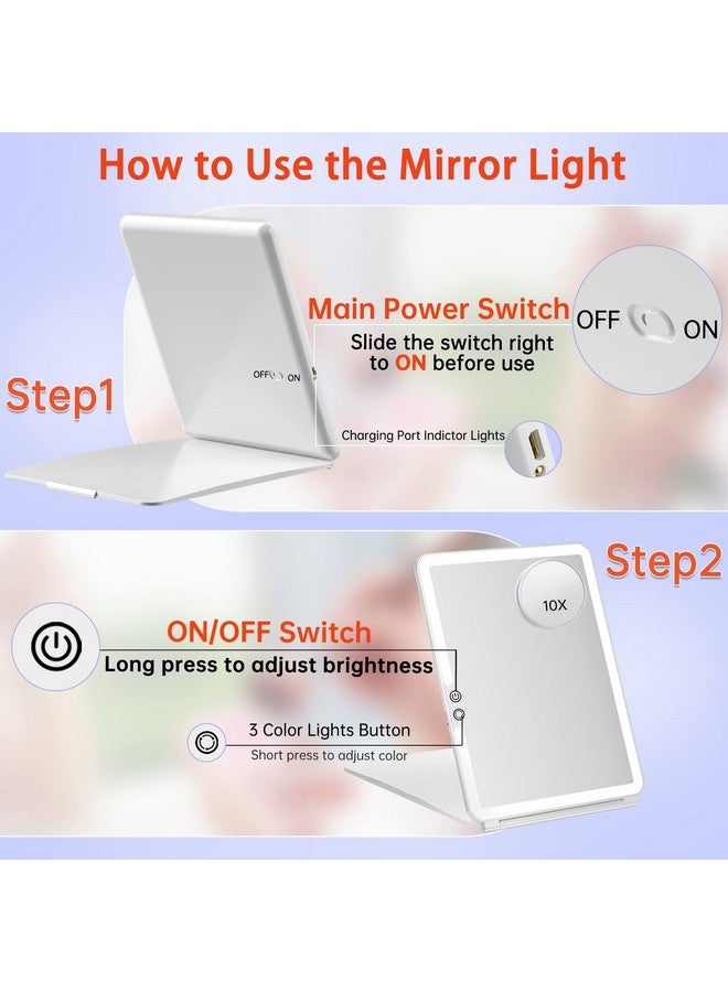 Rechargeable Travel Makeup Mirrorportable Lighted Mirror With 10X Magnifying Mirror 3 Colors Light Modestouch Screen Dimming Folding Light Up Mirror For Cosmetic