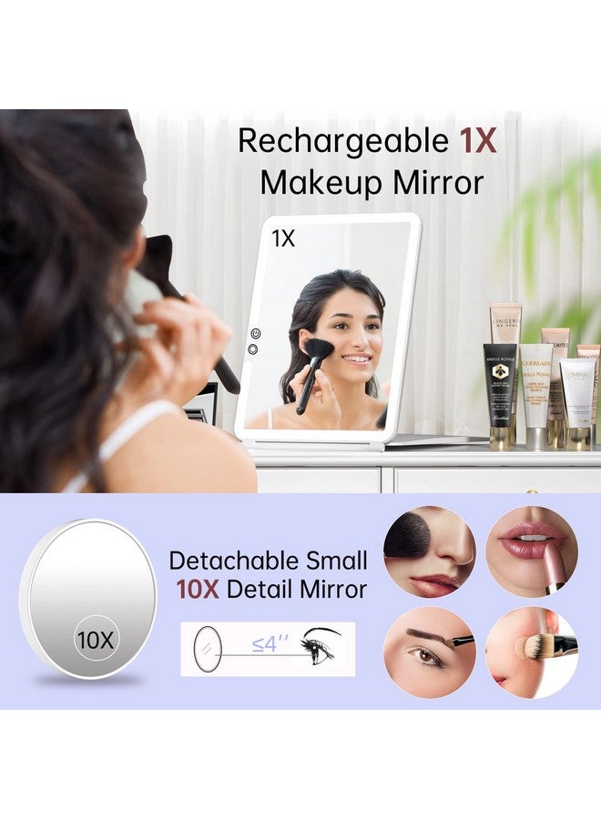 Rechargeable Travel Makeup Mirrorportable Lighted Mirror With 10X Magnifying Mirror 3 Colors Light Modestouch Screen Dimming Folding Light Up Mirror For Cosmetic