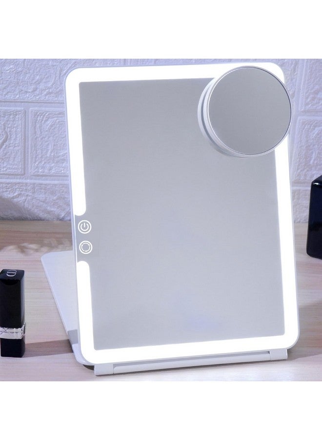 Rechargeable Travel Makeup Mirrorportable Lighted Mirror With 10X Magnifying Mirror 3 Colors Light Modestouch Screen Dimming Folding Light Up Mirror For Cosmetic