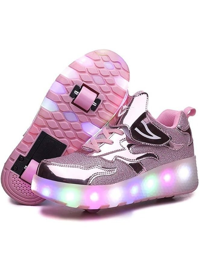 LED Flash Light Fashion Shiny Sneaker Skate Shoes With Wheels And Lightning Sole ,Pink ,Size 38