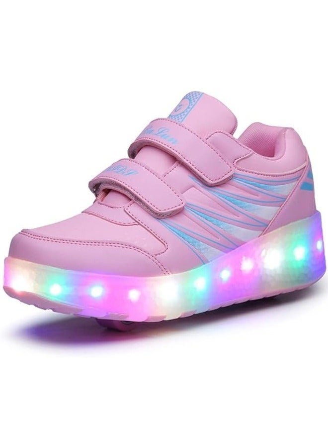 LED Flash Light Fashion Shiny Sneaker Skate Shoes With Wheels And Lightning Sole ,Pink ,Size 34