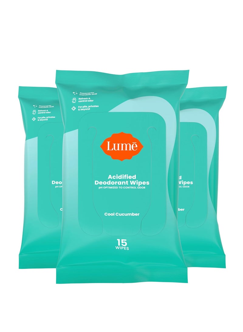 Lume acidified deodorant wipes 24 hour odor control aluminum free baking soda free skin safe 15 count pack of 3 cool cucumber