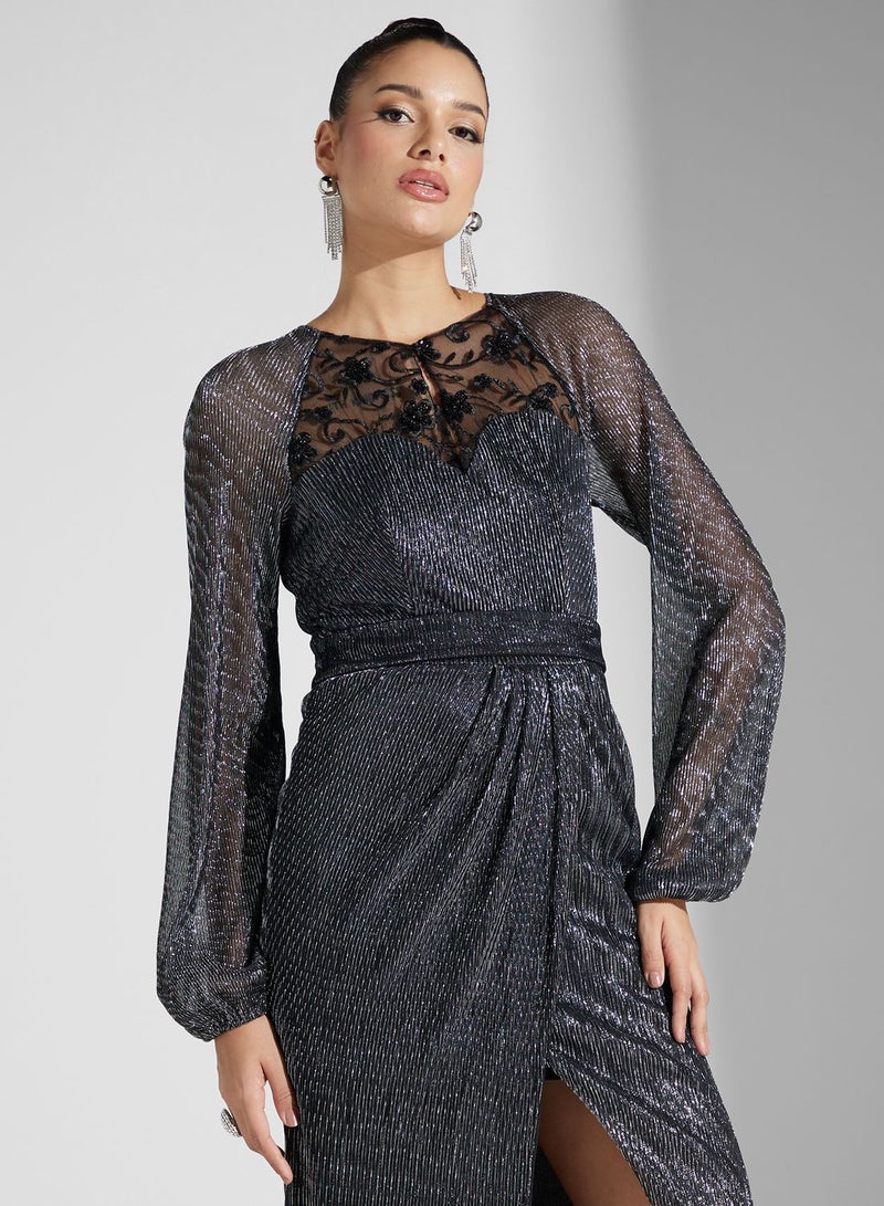 Keyhole Neck Mesh Wrap Dress