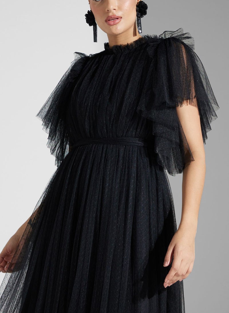 Ruffle Sleeve Plisse Mesh Dress