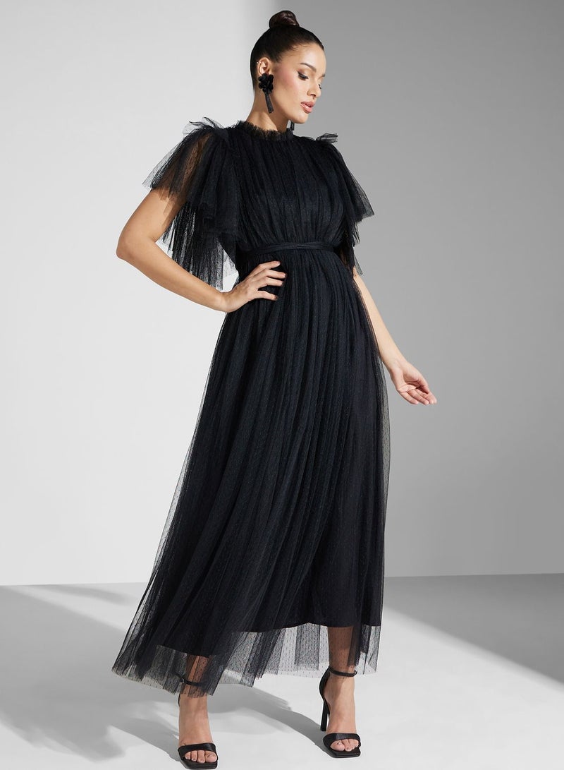 Ruffle Sleeve Plisse Mesh Dress