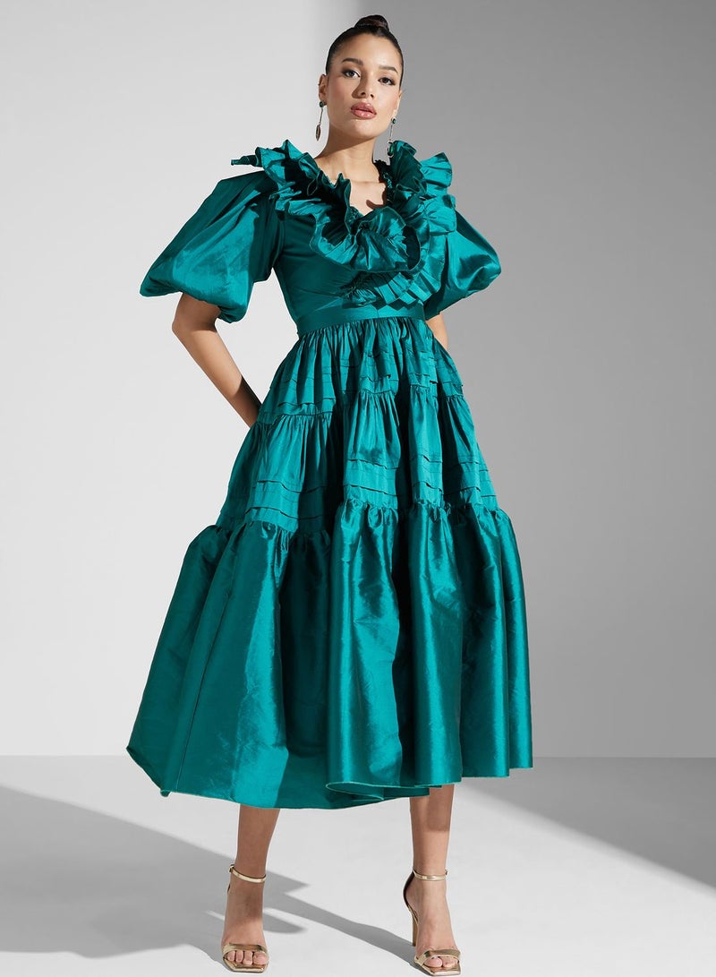 Balloon Sleeve Ruffle Tiered Dress