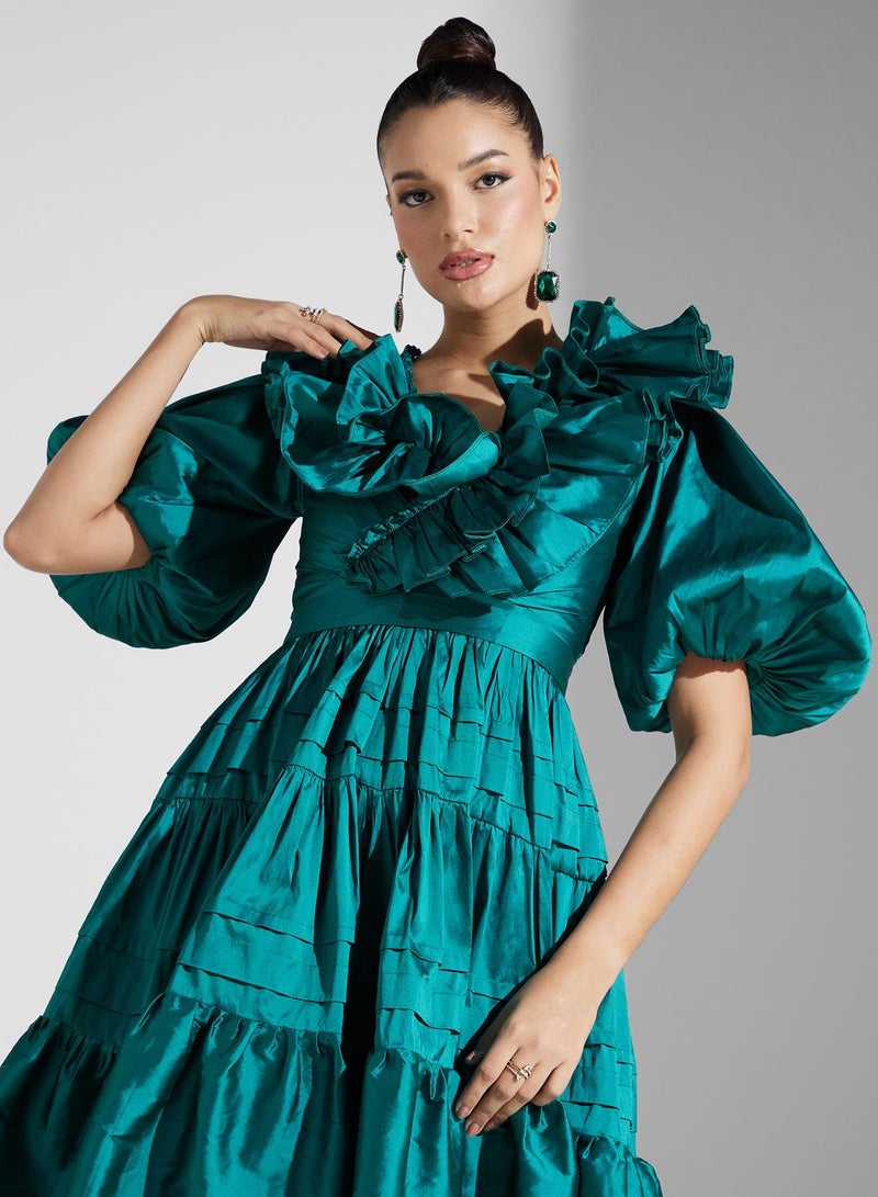 Balloon Sleeve Ruffle Tiered Dress