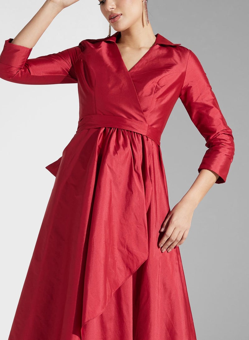 Surplice Neck Waterfall Trim Dress