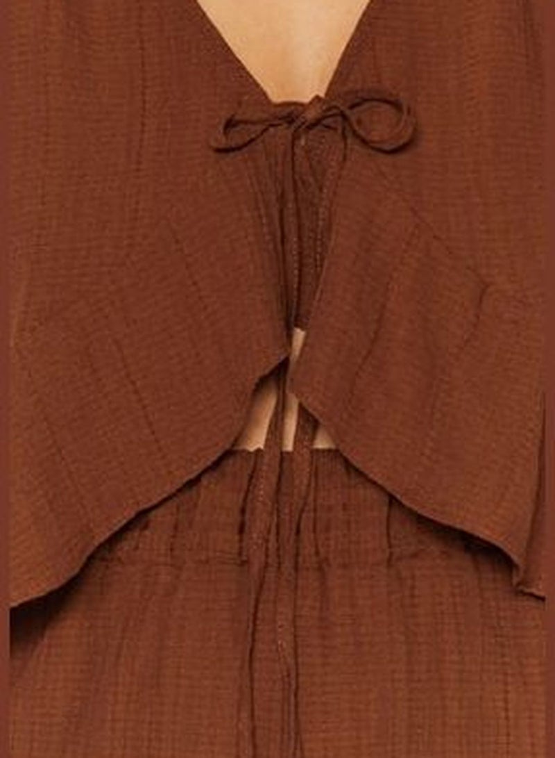 Brown V-Neck Flounce Crop Woven Blouse