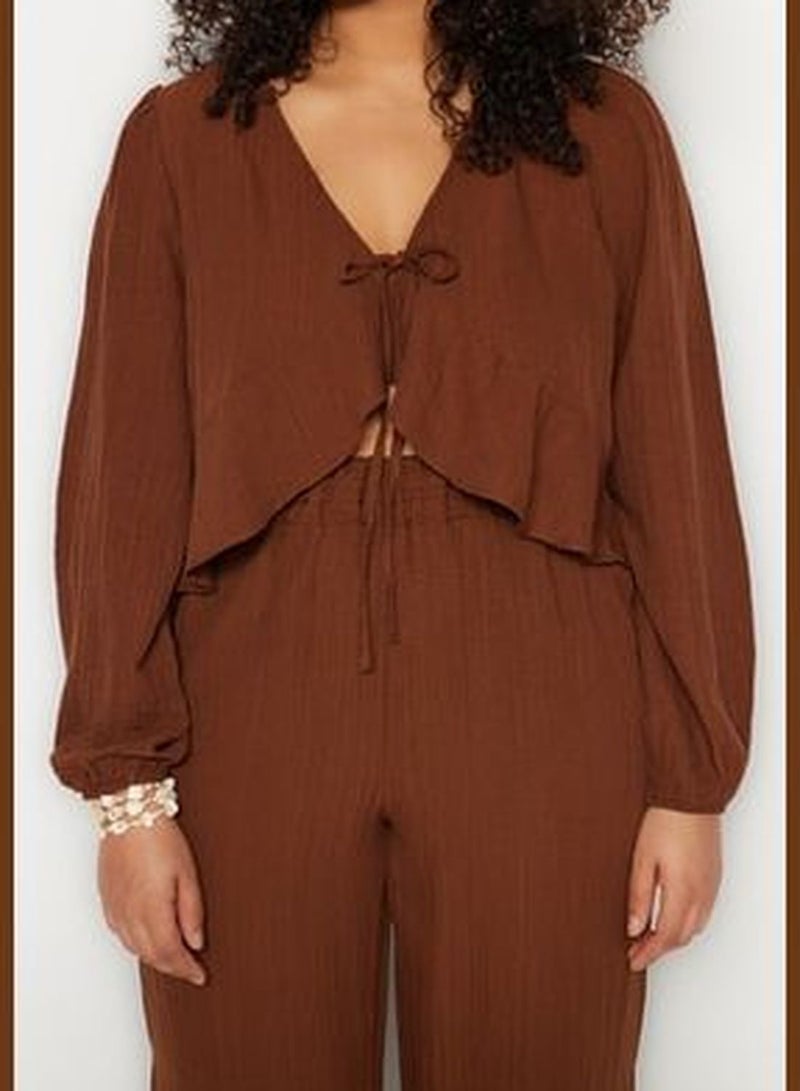 Brown V-Neck Flounce Crop Woven Blouse