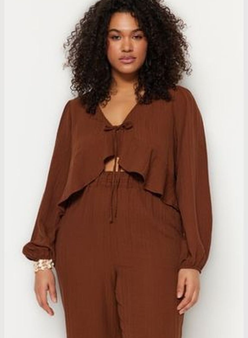 Brown V-Neck Flounce Crop Woven Blouse