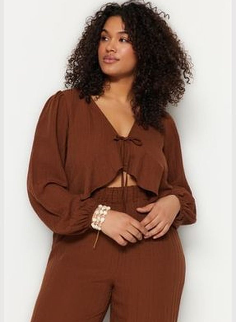 Brown V-Neck Flounce Crop Woven Blouse