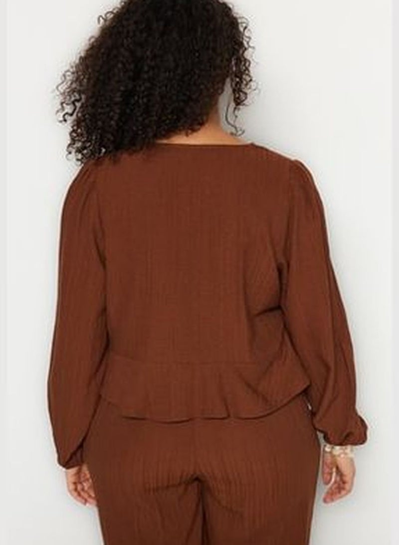 Brown V-Neck Flounce Crop Woven Blouse