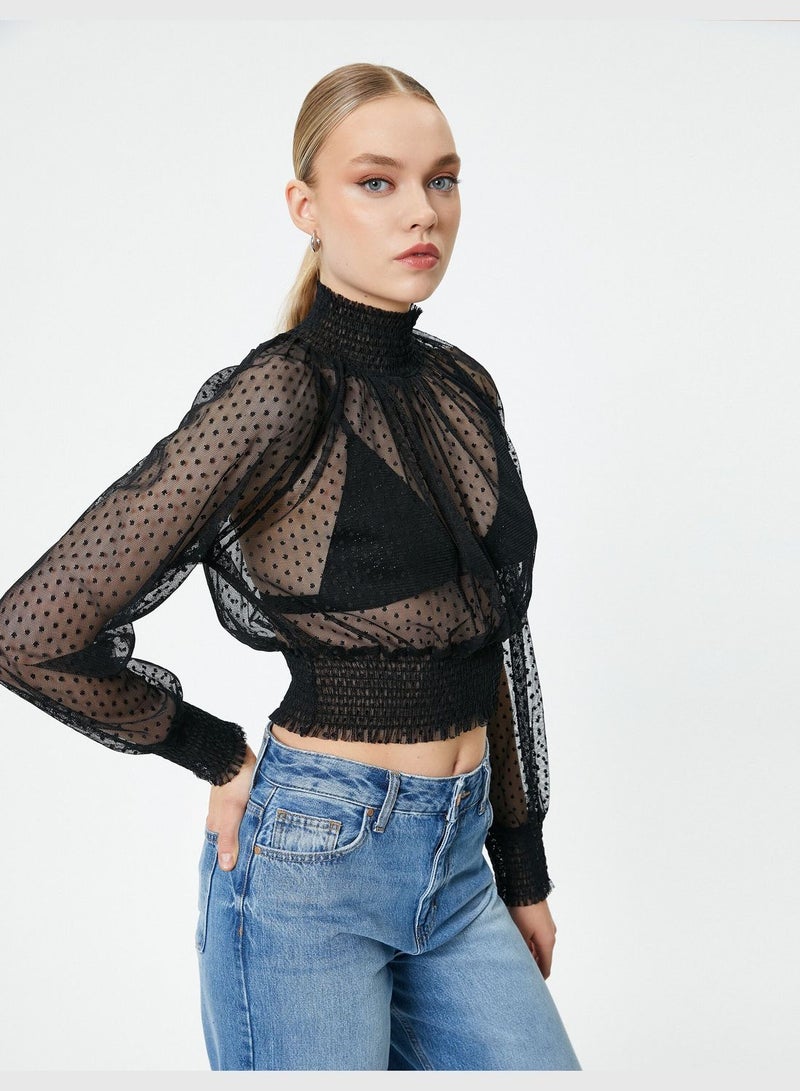 High Neck Gimped Sheer Lacy Blouse
