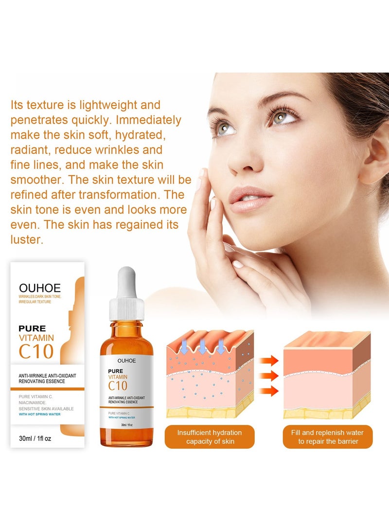 Pure Vitamin C Serum with Niacinamide for Wrinkles Dark Spots Premature Sun Damage Facial Glow Serum for Face Brightening Anti Aging and Eye Treatment 30ml