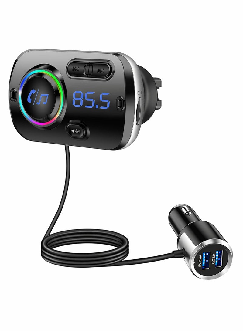 Bluetooth FM Transmitter for Car 5.0 Wireless Adapter with QC3.0 and 5V2.4A Dual Charging Port