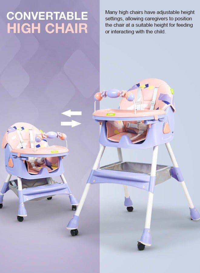 Baybee Convertible Baby High Chair for Kids with Adjustable Height and Footrest, Baby Feeding Booster Seat with Tray, Wheels, Safety Belt and Cushion For Toddler 6 Months to 4 Years Pink