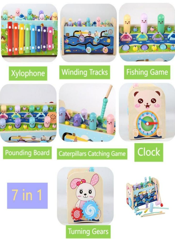 Oasisgalore Wooden Hammer Pounding Toy 7 in 1 Toddler Montessori Toys Educational Sensory Toys with Xylophone Fishing Game for Babies Kids Gift