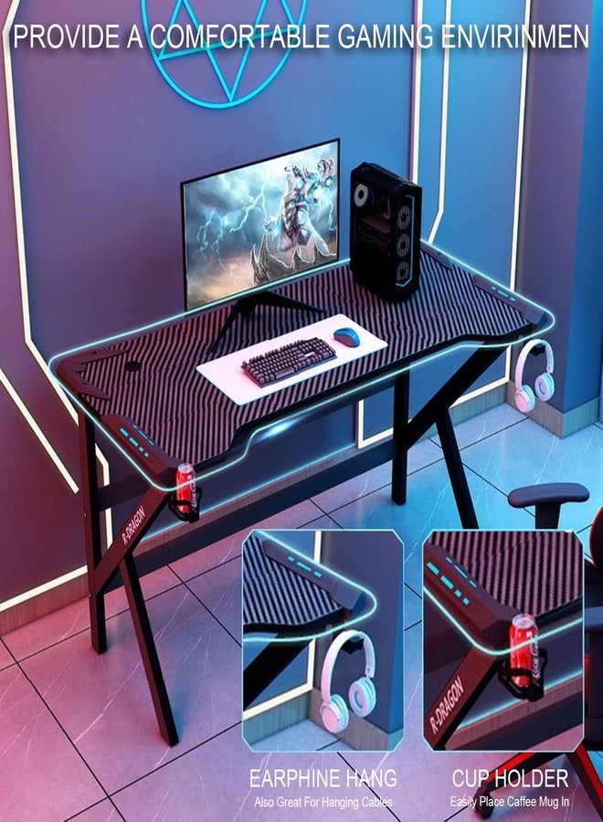 Gaming Desk, E-Sports Table, Home Office Computer Desk Table with RGB Lighting, with Cup Holder Headphone Hook, Carbon Fiber Black, 120 * 60 * 75CM