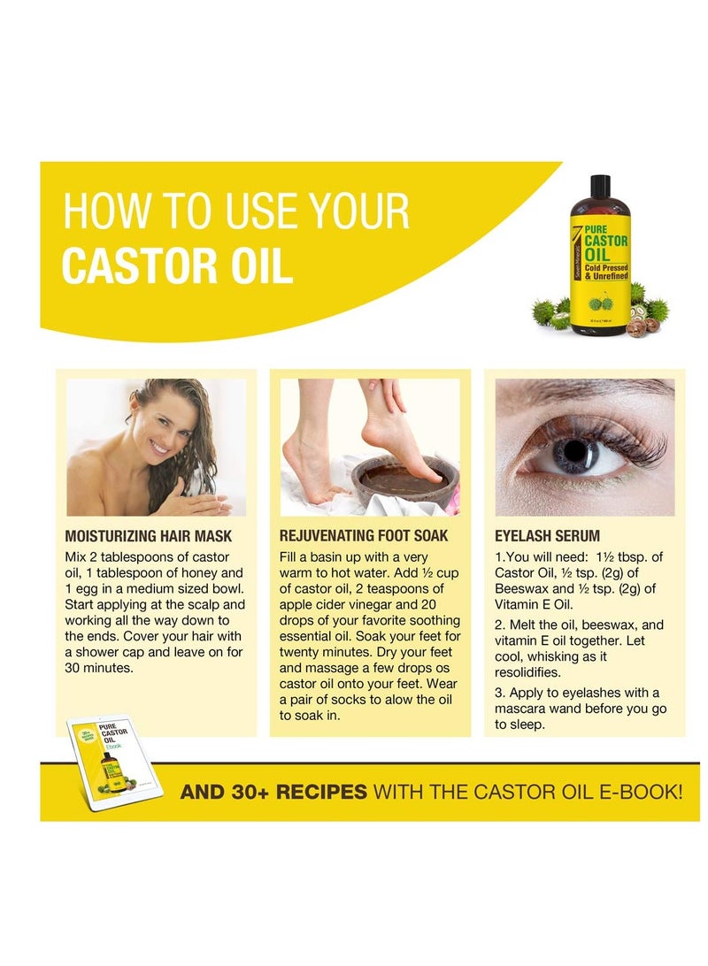 Pure Cold Pressed Castor Oil - Big 32 fl oz Bottle - Unrefined & Hexane Free - 100% Pure Castor Oil for Hair Growth, Thicker Eyelashes & Eyebrows, Dry Skin, Healing, Hair Care, Joint and Muscle Pain