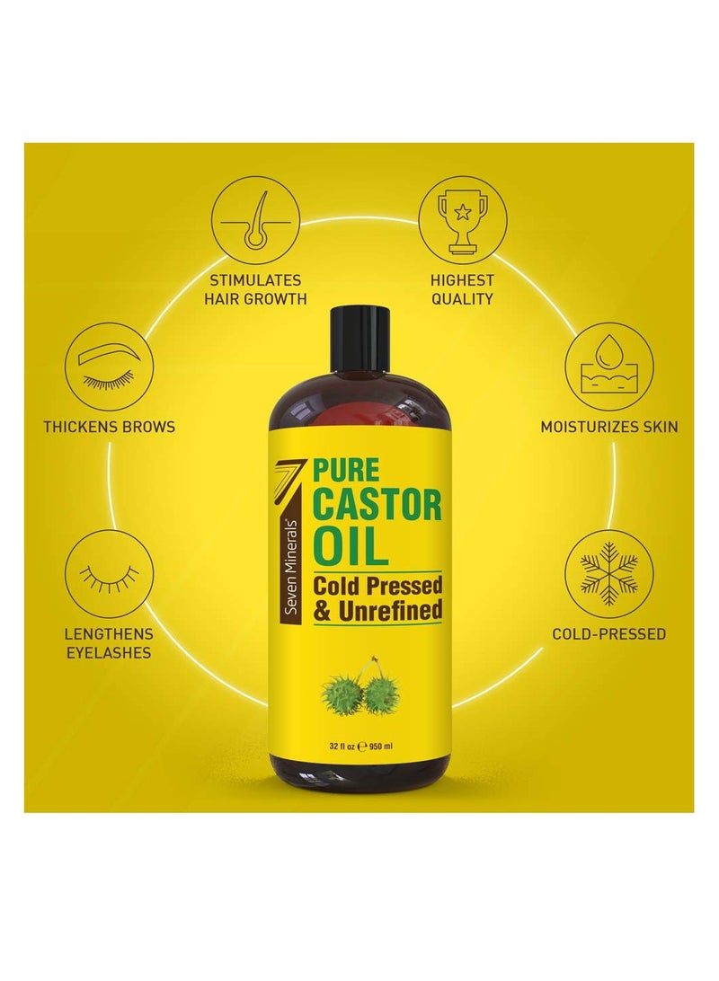 Pure Cold Pressed Castor Oil - Big 32 fl oz Bottle - Unrefined & Hexane Free - 100% Pure Castor Oil for Hair Growth, Thicker Eyelashes & Eyebrows, Dry Skin, Healing, Hair Care, Joint and Muscle Pain