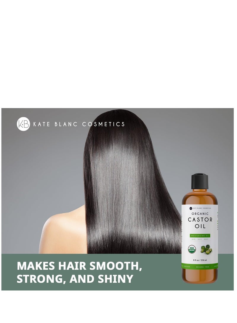 Kate Blanc Cosmetics castor oil 8oz USDA certified organic cold pressed 100% pure hexane free promote growth for hair eyelashes eyebrows moisturizing for dry skin and body