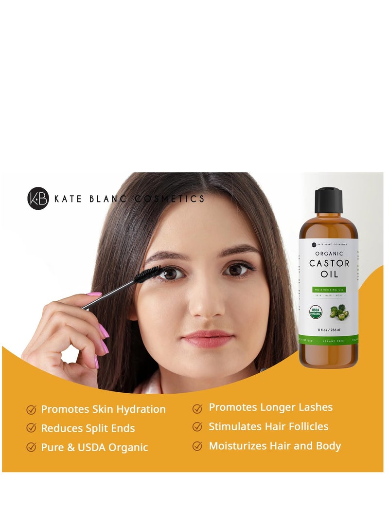 Kate Blanc Cosmetics castor oil 8oz USDA certified organic cold pressed 100% pure hexane free promote growth for hair eyelashes eyebrows moisturizing for dry skin and body