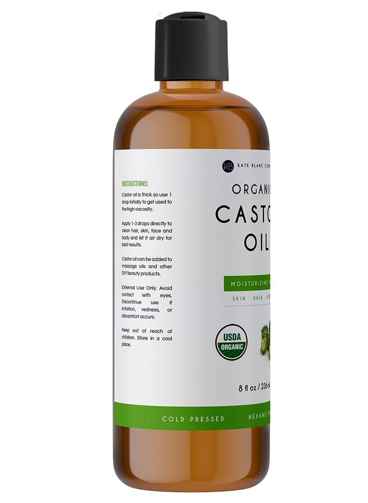 Kate Blanc Cosmetics castor oil 8oz USDA certified organic cold pressed 100% pure hexane free promote growth for hair eyelashes eyebrows moisturizing for dry skin and body