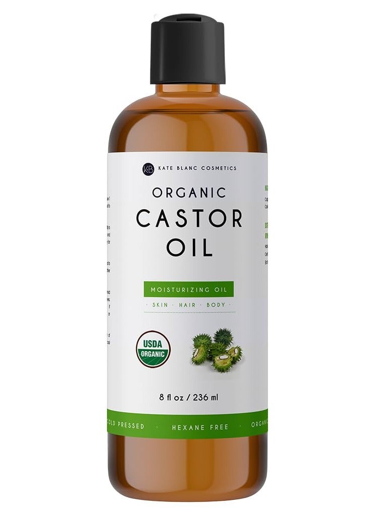 Kate Blanc Cosmetics castor oil 8oz USDA certified organic cold pressed 100% pure hexane free promote growth for hair eyelashes eyebrows moisturizing for dry skin and body