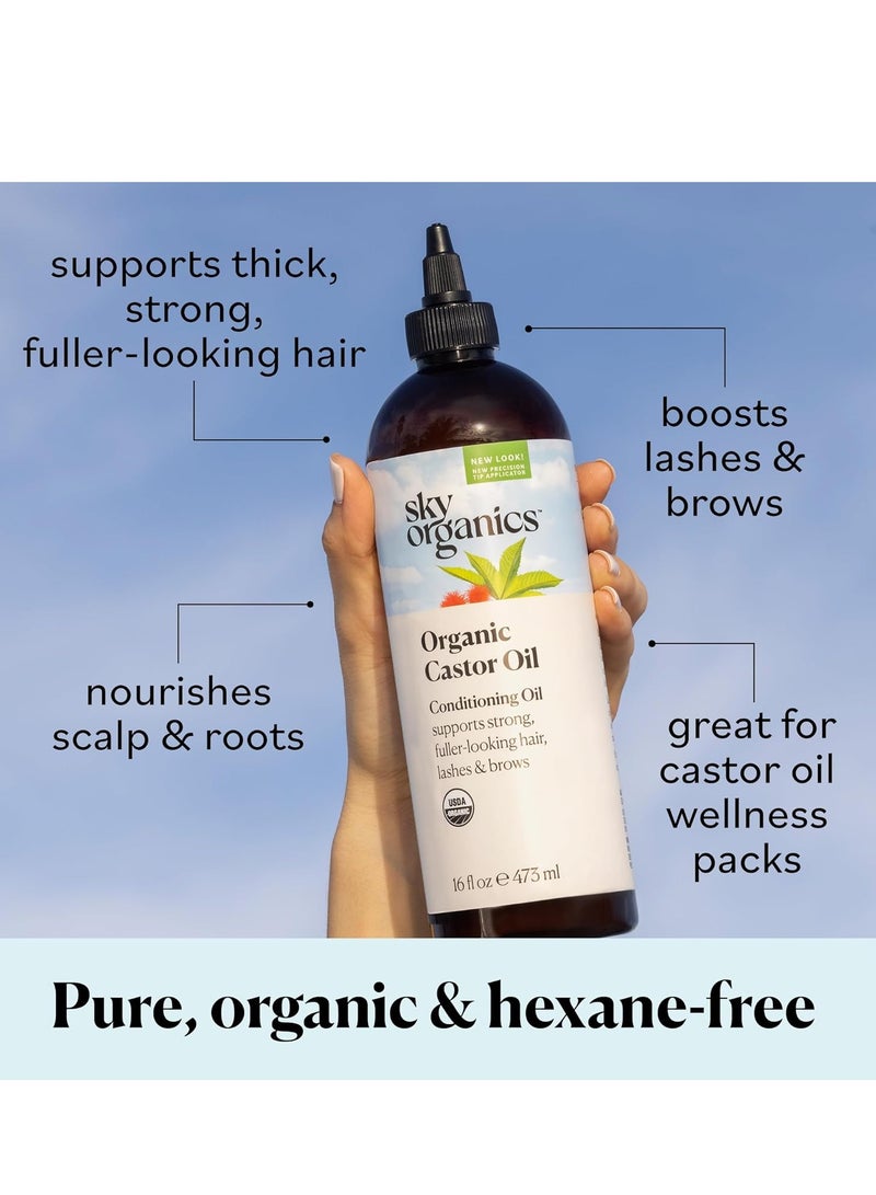 Sky Organics Organic Castor Oil (16 oz) USDA Certified Organic, 100% Pure, Cold Pressed, Hexane Free, Boost Hair Growth, Use with Castor Oil Pack - Packaging may vary