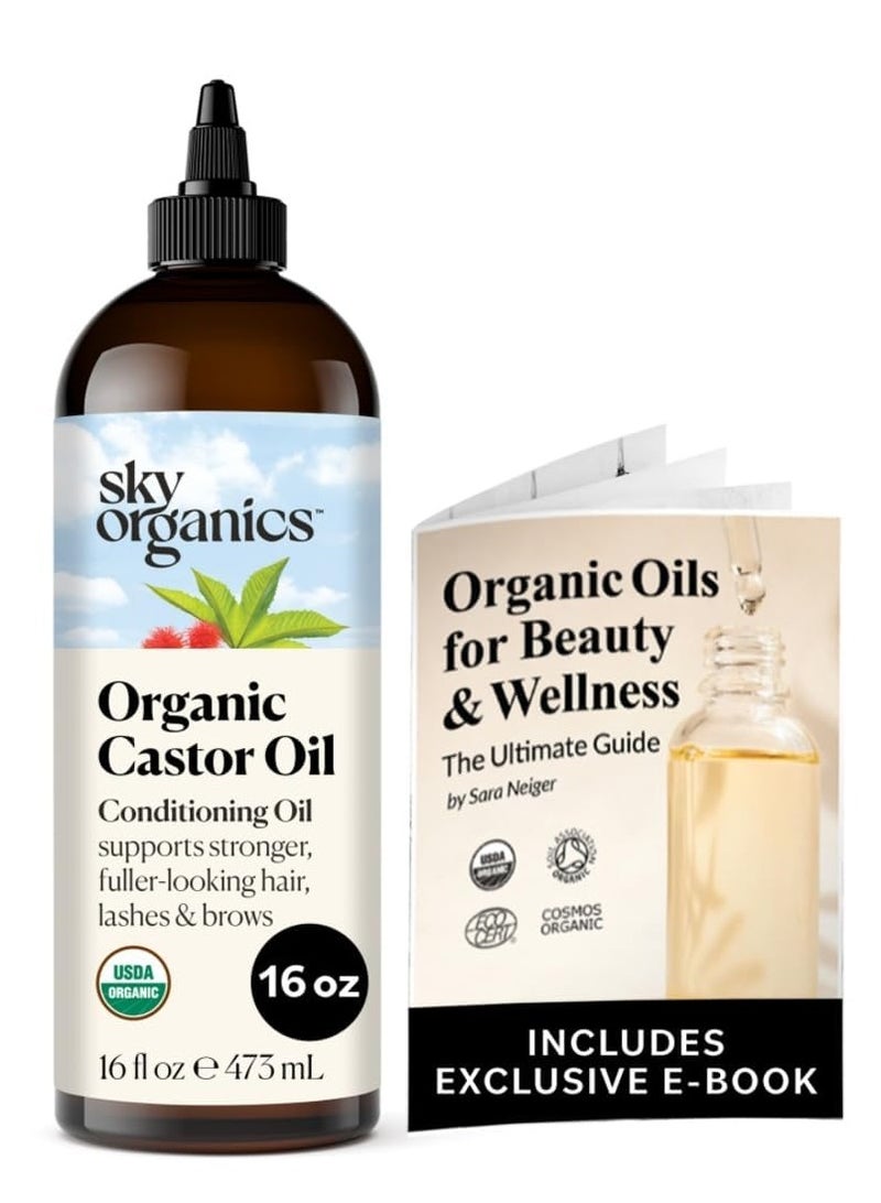 Sky Organics Organic Castor Oil (16 oz) USDA Certified Organic, 100% Pure, Cold Pressed, Hexane Free, Boost Hair Growth, Use with Castor Oil Pack - Packaging may vary