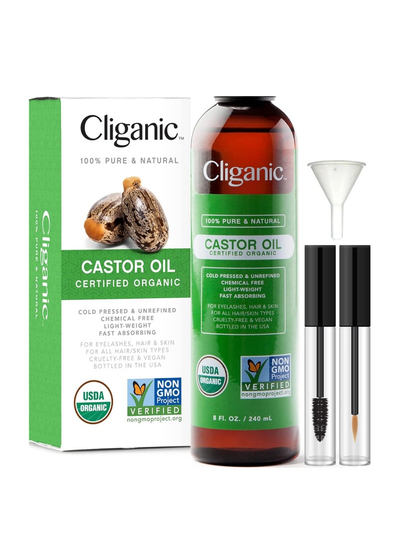 Cliganic USDA Organic Castor Oil, 100% Pure (8oz with Eyelash Kit) - For Eyelashes, Eyebrows, Hair & Skin | Natural Cold Pressed Unrefined Hexane-Free