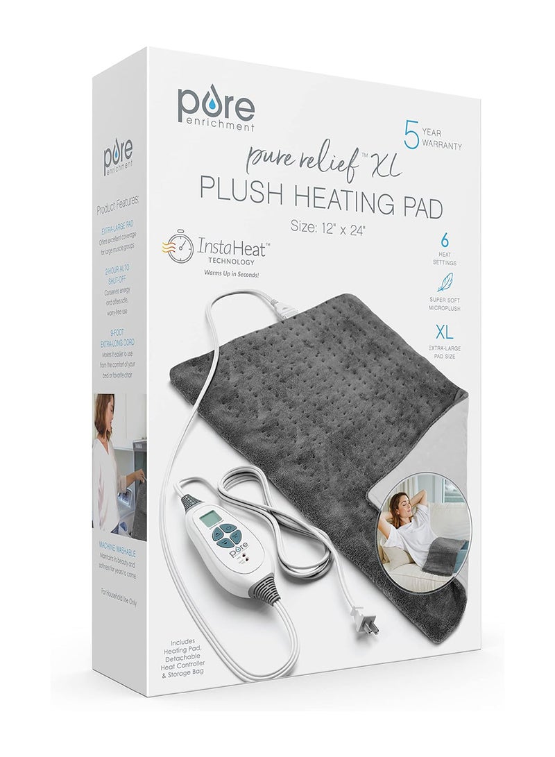 Purerelief Xl Heating Pad - 12x24 Inch Electric Heating Pad, 6 Heat Settings, Charcoal - Grey
