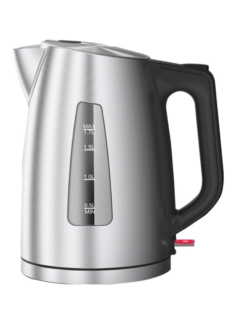 Portable electric kettle for tea and coffee. Stainless steel, 1.7L capacity. Automatic shut-off. Black and silver design