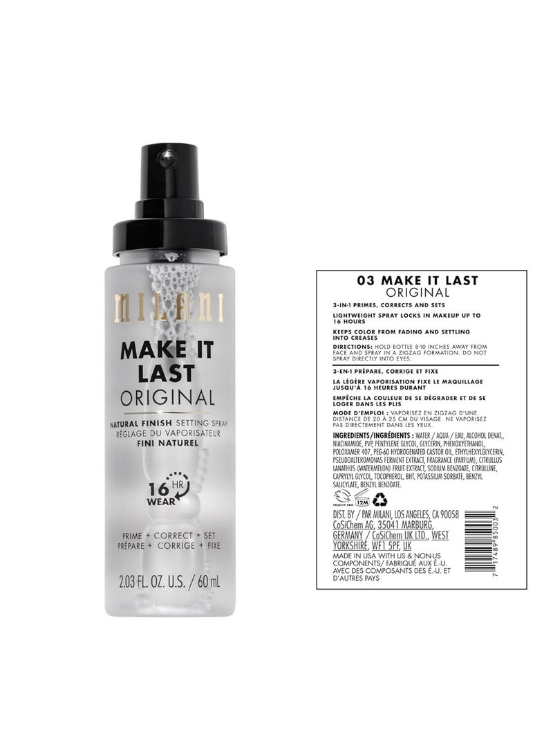 Milani Make It Last original natural finish 3-in-1 setting spray and primer Prime + Correct + Set makeup finishing spray long lasting makeup primer and spray 2.03 fl. oz.