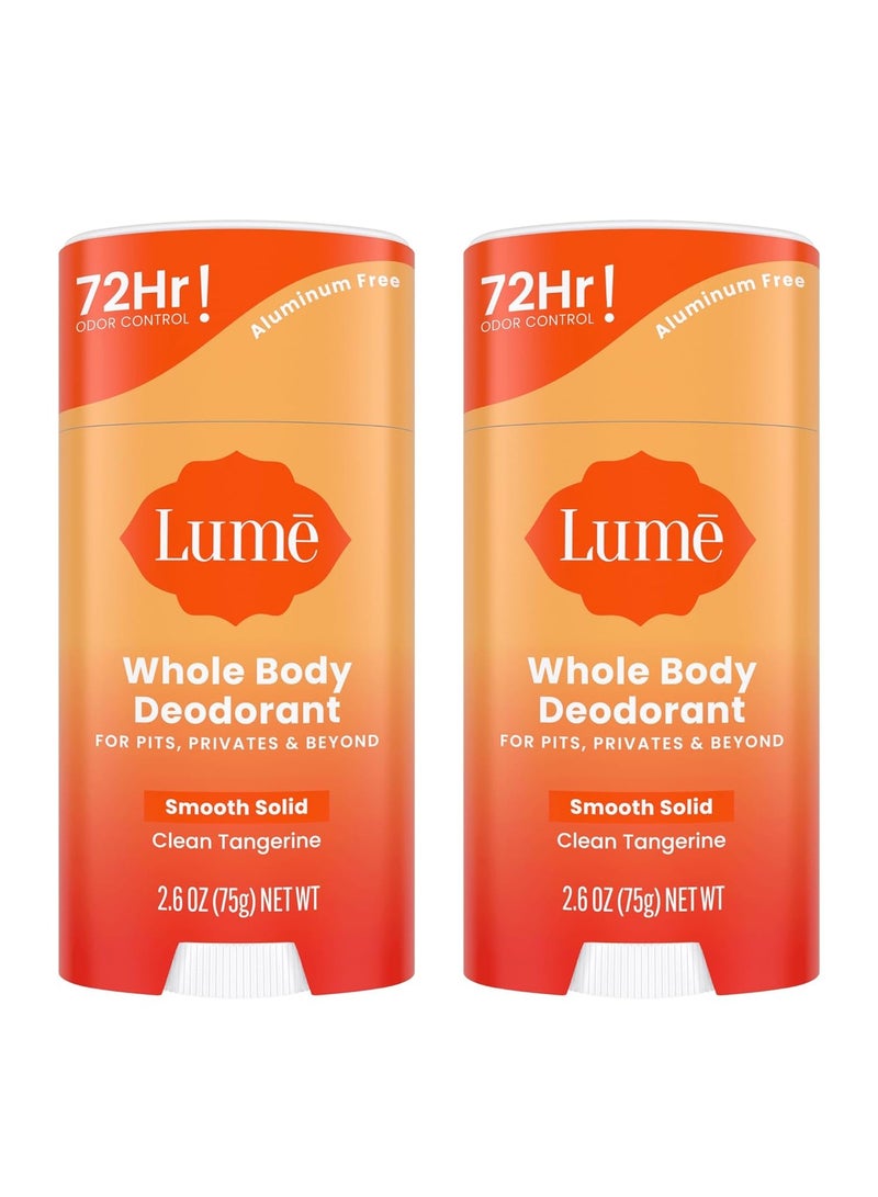 Lume whole body deodorant smooth solid stick  72 hour odor control aluminum free baking soda free and skin safe  2.6 ounce pack of 2 clean tangerine)