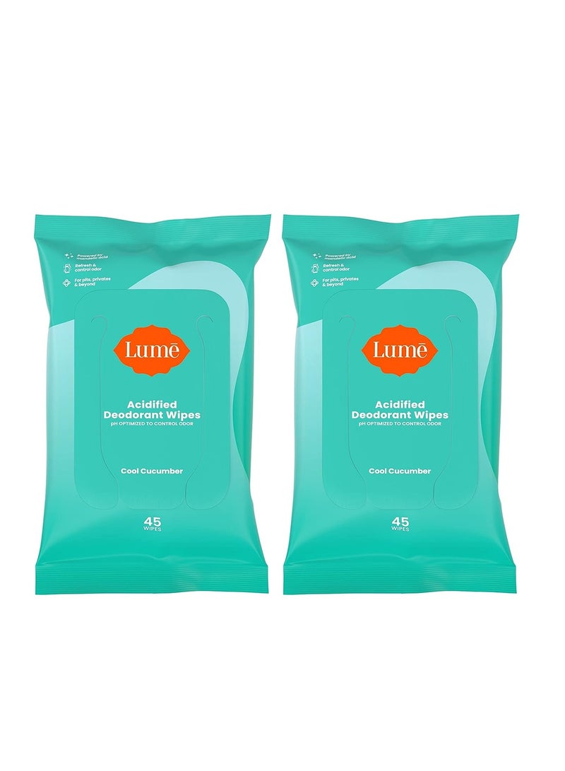 Lume acidified deodorant wipes 24 hour odor control aluminum free baking soda free skin safe 45 Count pack of 2 cool cucumber