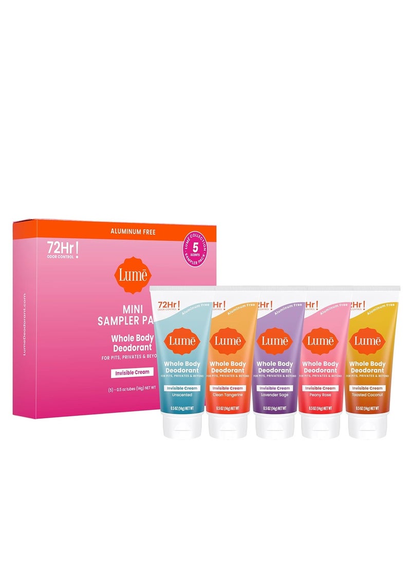 Lume whole body deodorant 5 pack invisible cream minis 72 hour odor control aluminum & baking soda free clean tangerine lavender sage peony rose toasted coconut unscented