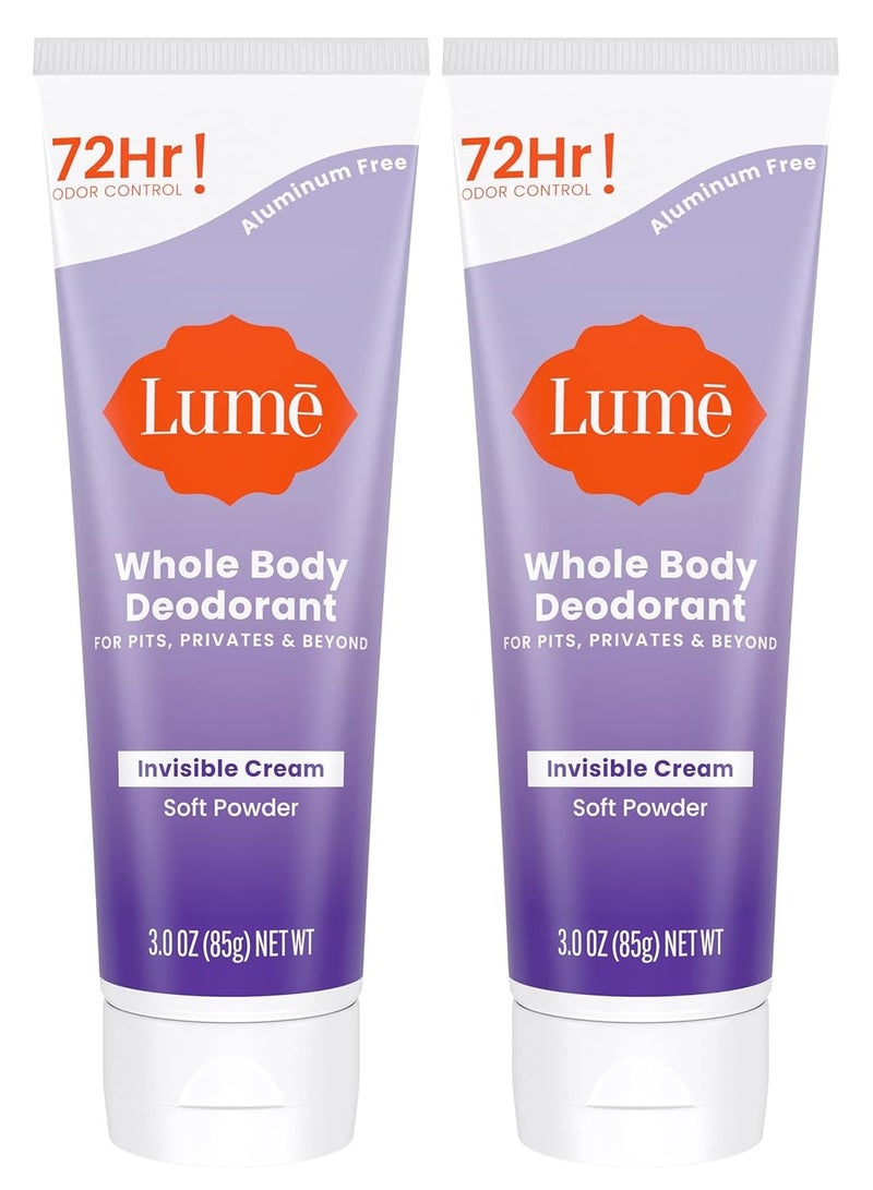 Lume whole body deodorant invisible cream tube 72 hour odor control aluminum free baking soda free skin safe 3.0 ounce pack of 2 soft powder