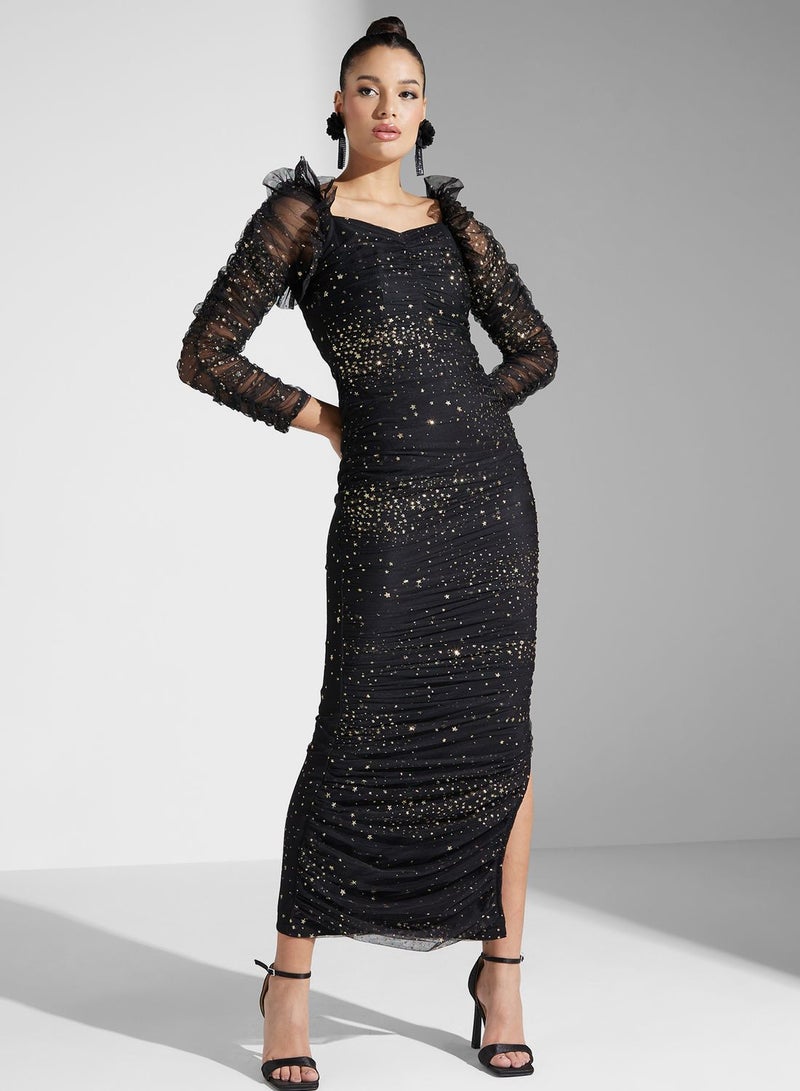 Embellished Mesh Tiered Dress